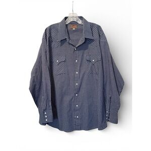 Plains Western Wear 2X Big Man Snap Shirt Navy Blue Check Plaid Ranch Cowboy